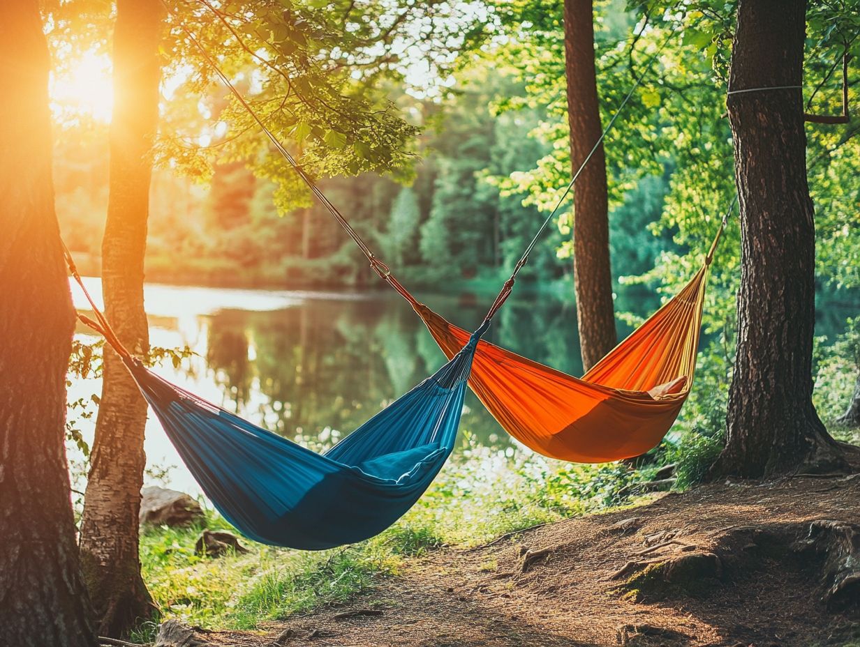 A variety of camping hammocks displayed outdoors.