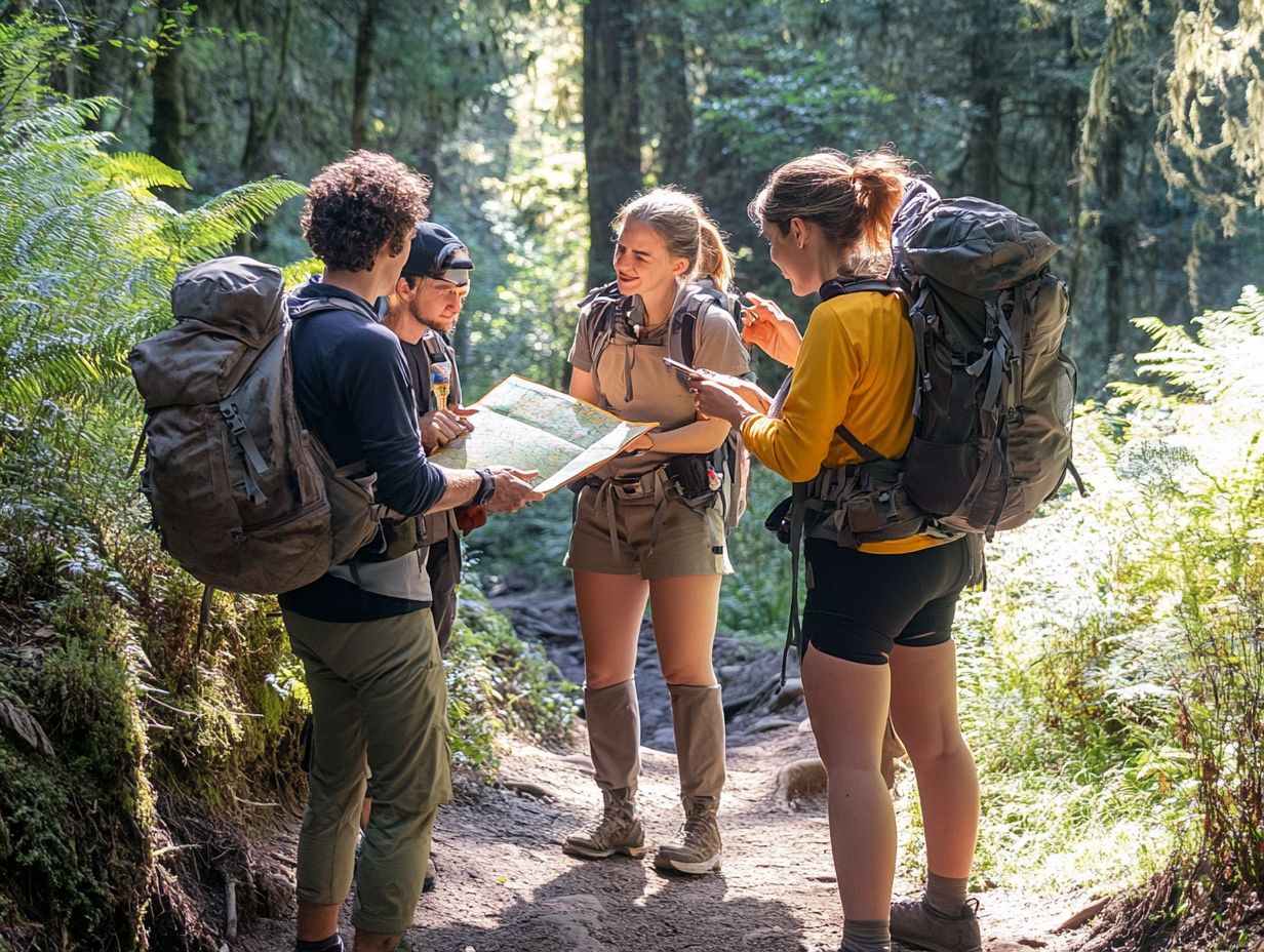 Illustration depicting an ideal hiking group size of 4-6 people.