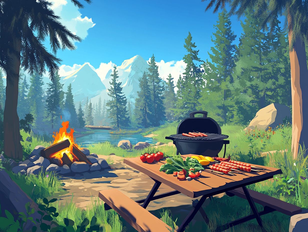 A vibrant image showcasing delicious camping meals and essential cooking gear