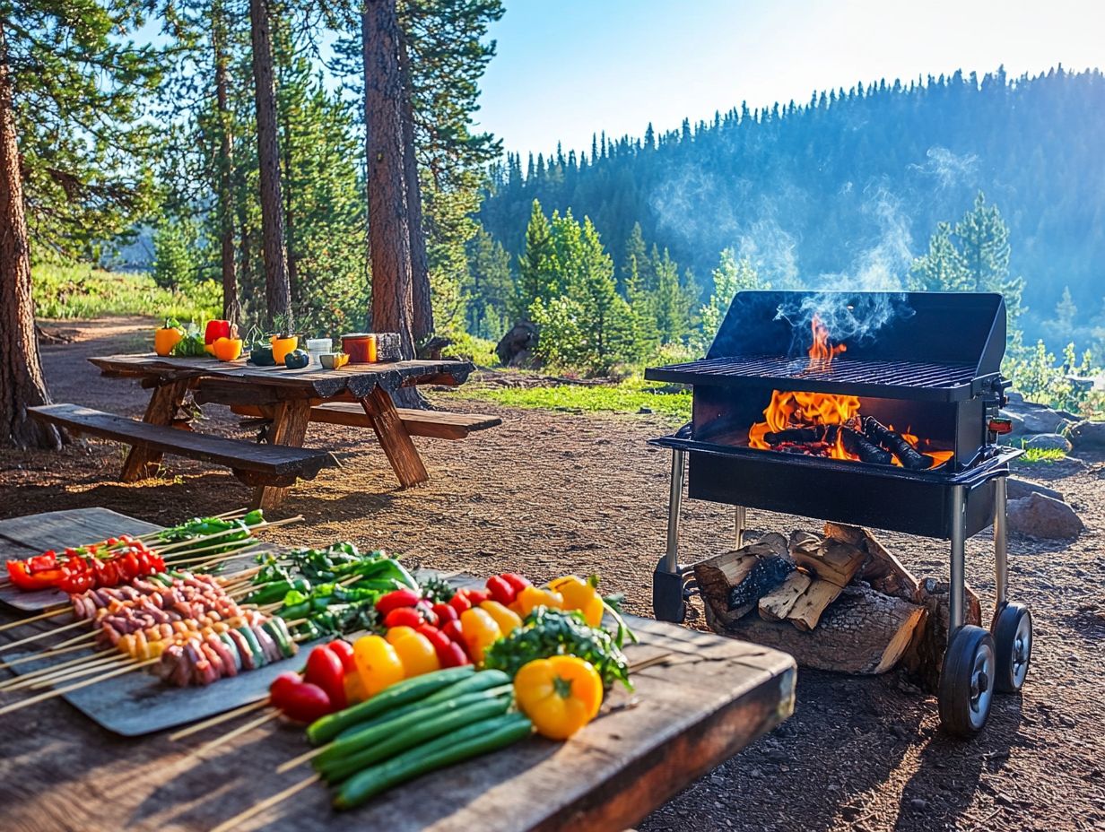 A family preparing meals outdoors while camping.