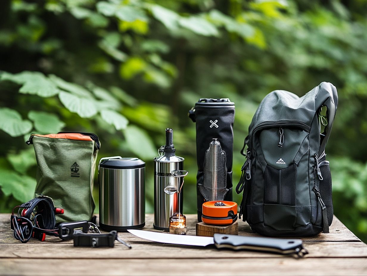 A collage of essential camping tools and supplies.