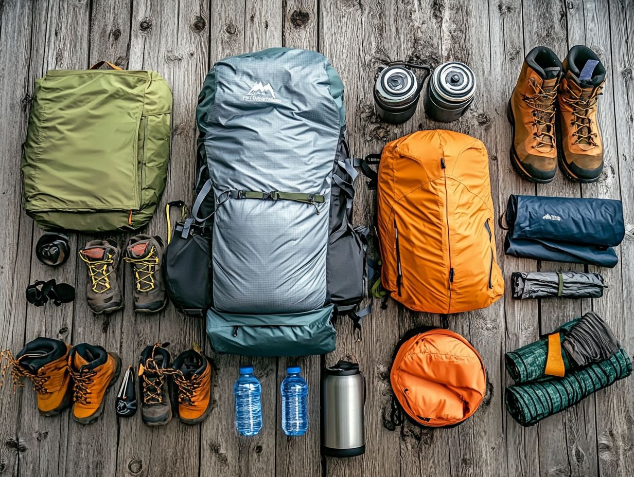 Image of essential gear for backpacking, including backpack, tent, and sleeping bag.