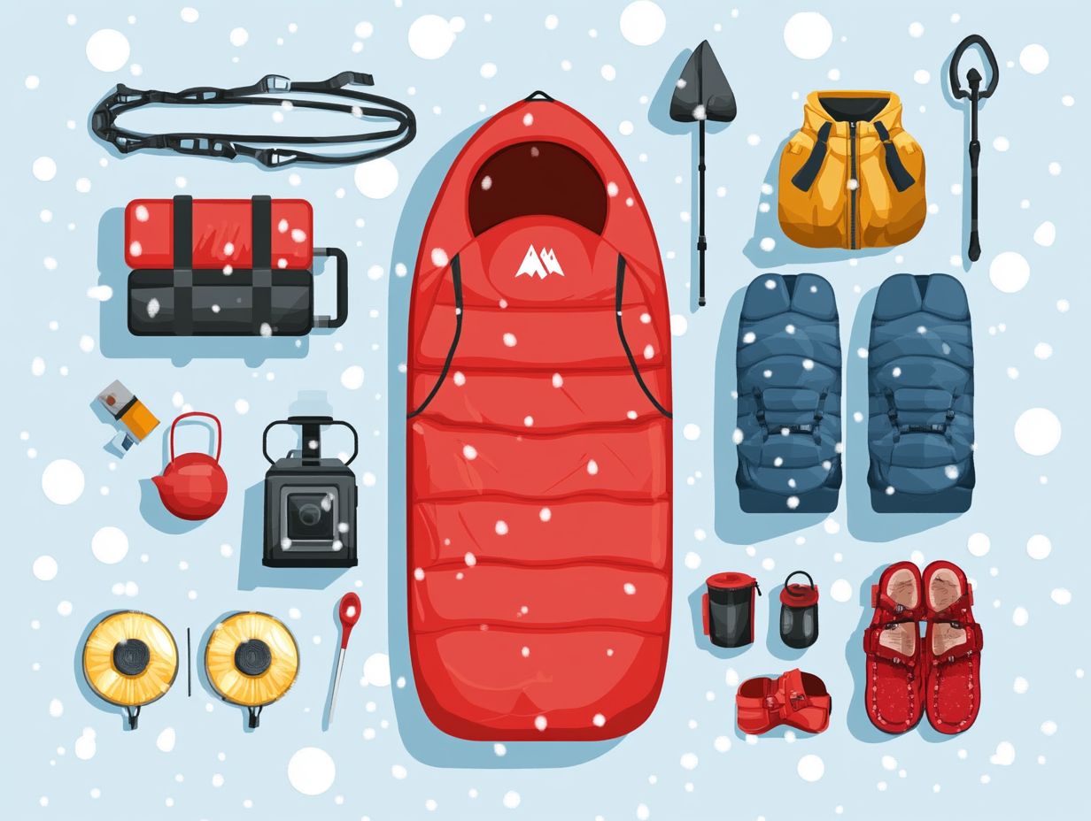 Image showcasing essential gear for winter camping.