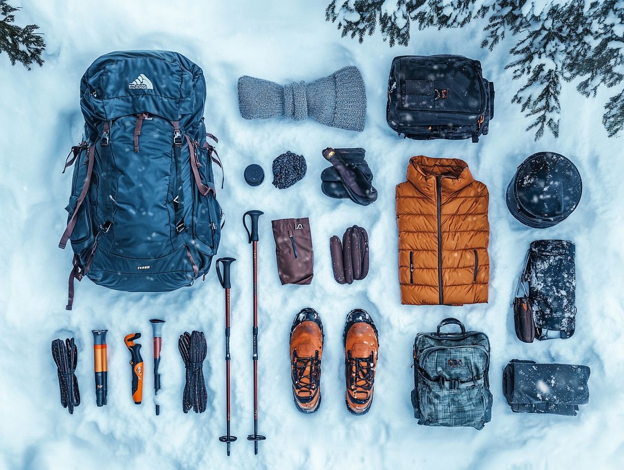 Image displaying essential gear for winter hiking.