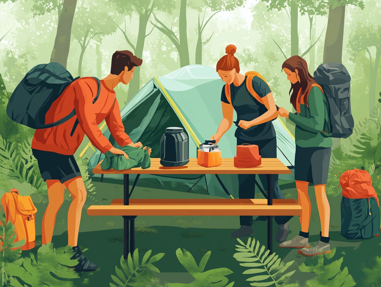 Essential items for a first-time camping trip including tent, sleeping bag, and cooking gear.