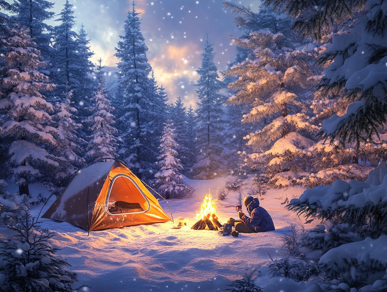 Person in a warm sleeping bag during winter camping at night