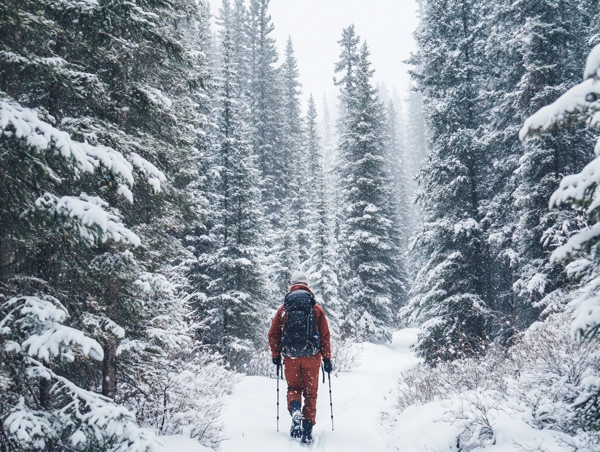 A person demonstrating proper layering for winter hiking.