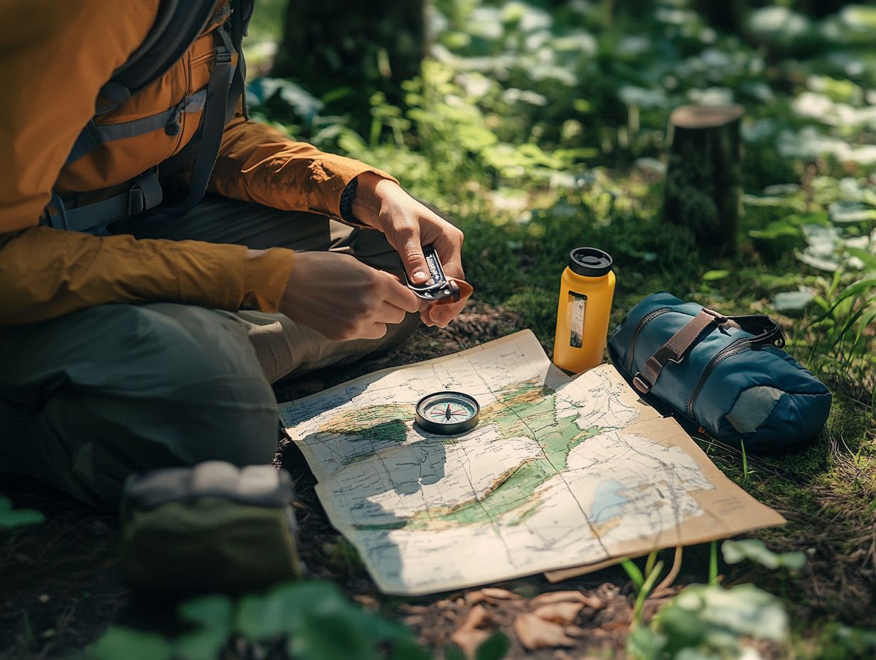 Hiker building a shelter using tarp and trekking poles