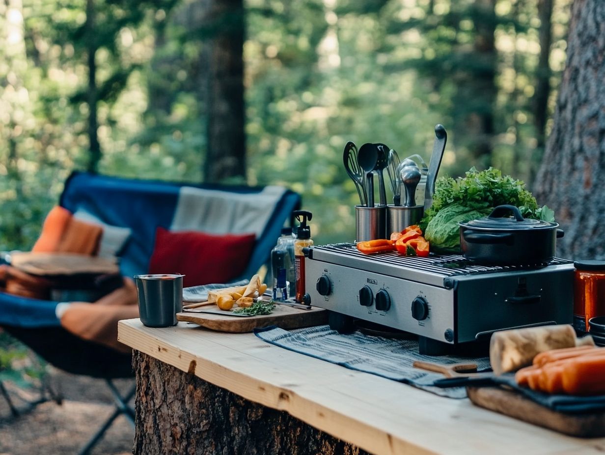 A well-organized camping kitchen setup with food storage bins