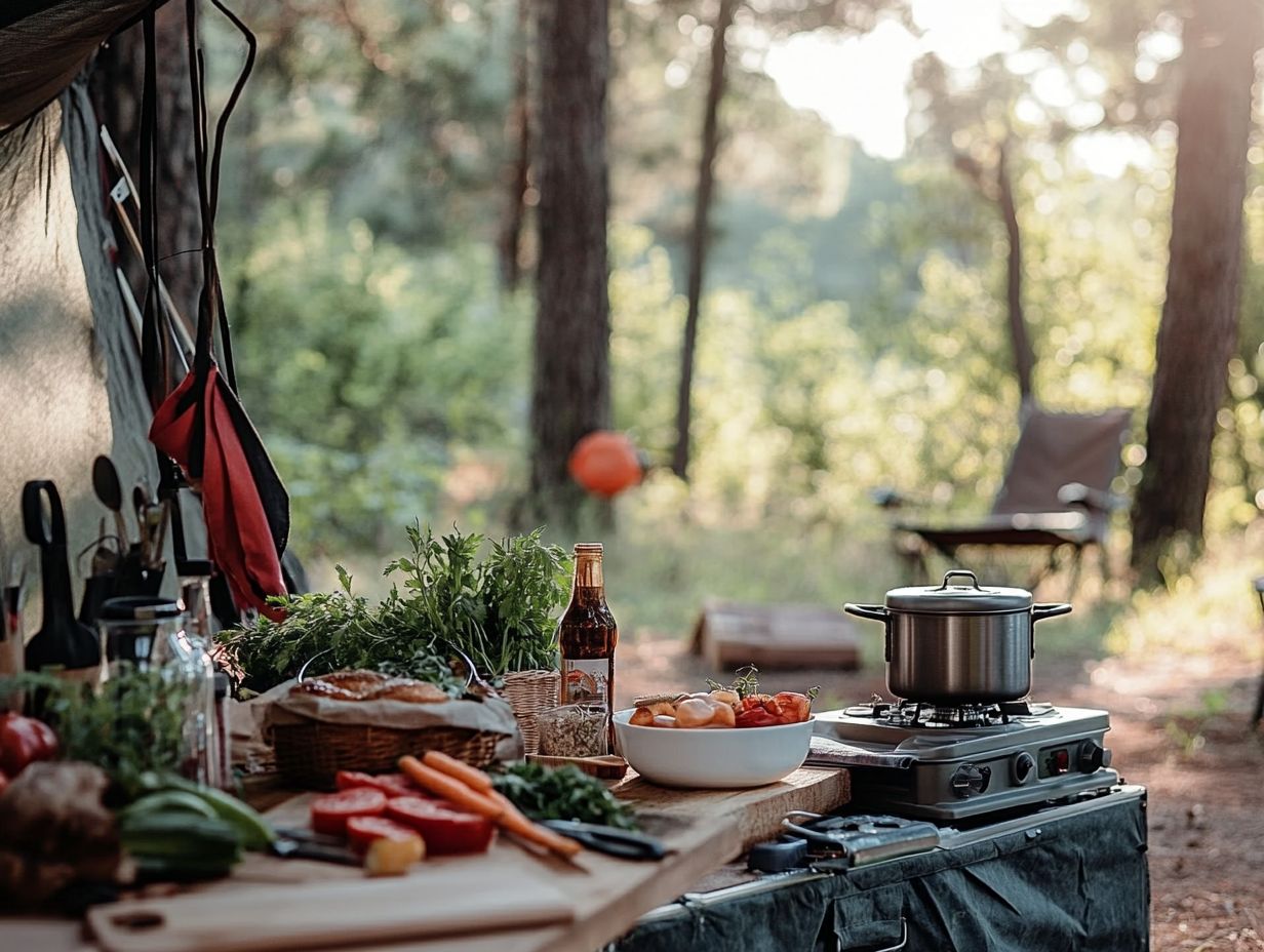 A portable camping kitchen set up for outdoor cooking and meal preparation.