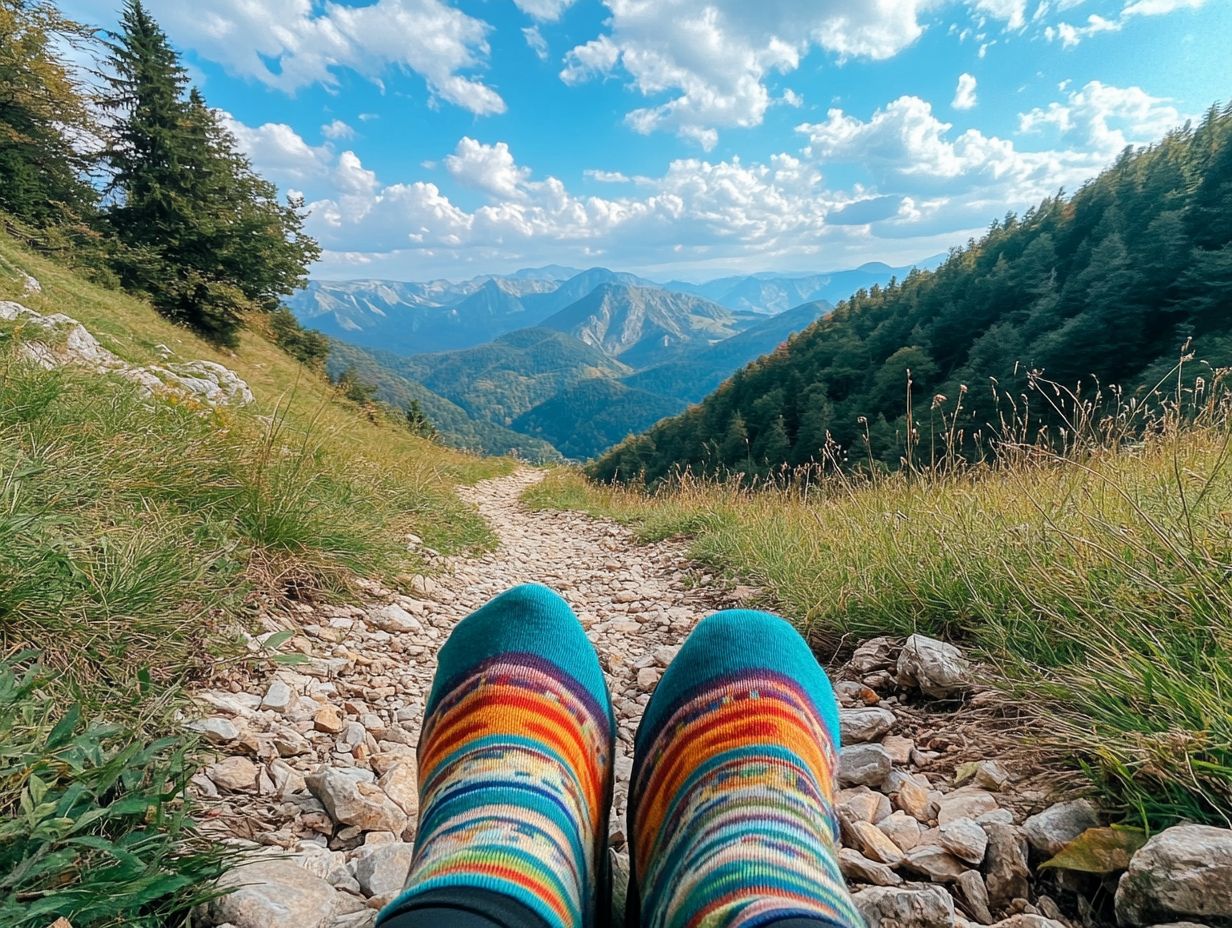 A hiker's feet wearing high-quality socks on a scenic trail.