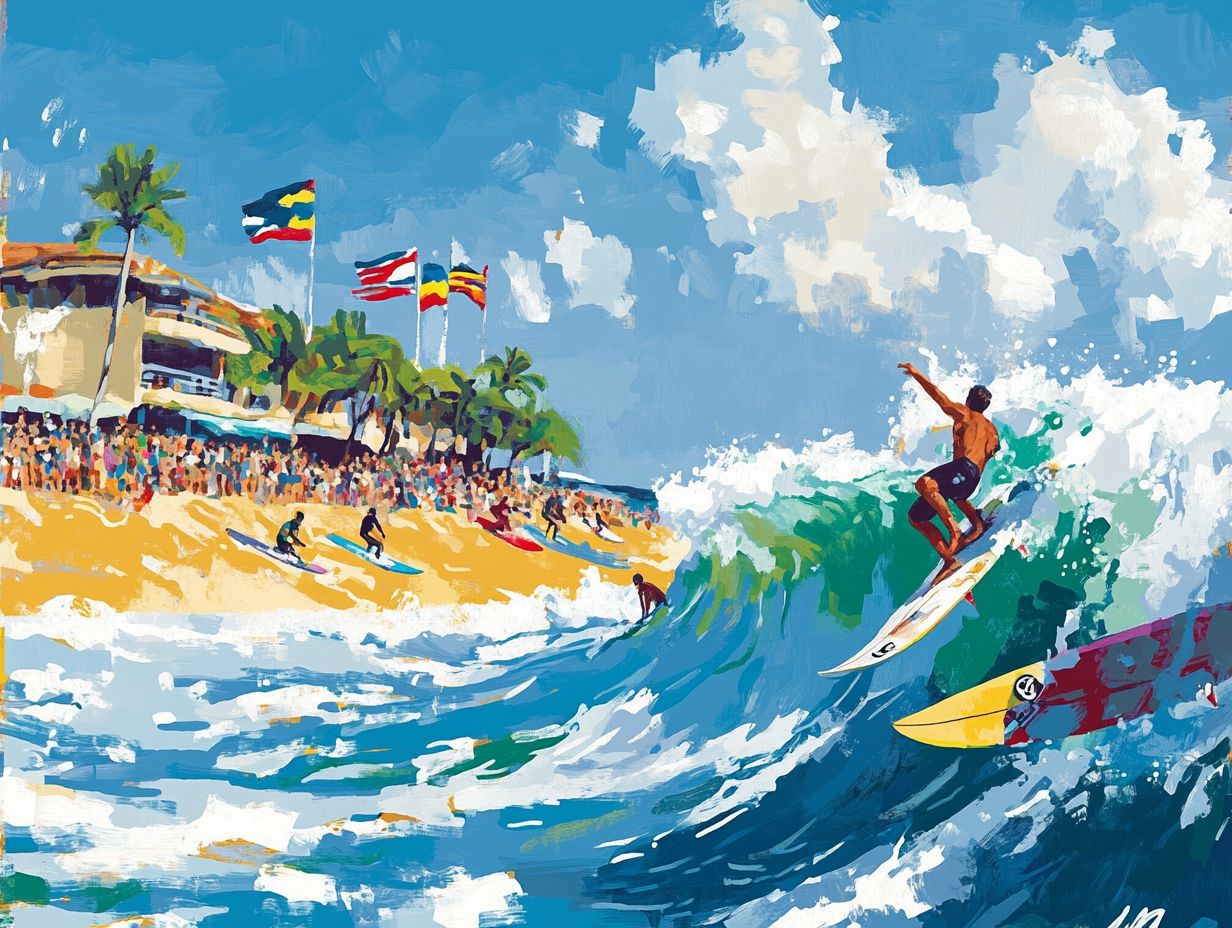 Surfers competing in a prestigious surfing event.