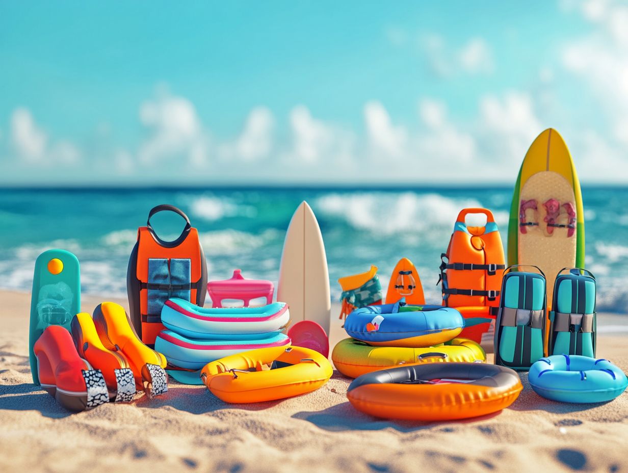 Essential water sports gear for kids showcasing life jackets, swim goggles, and rash guards.