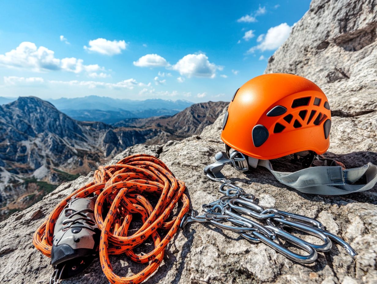 Climbing safety equipment essentials laid out