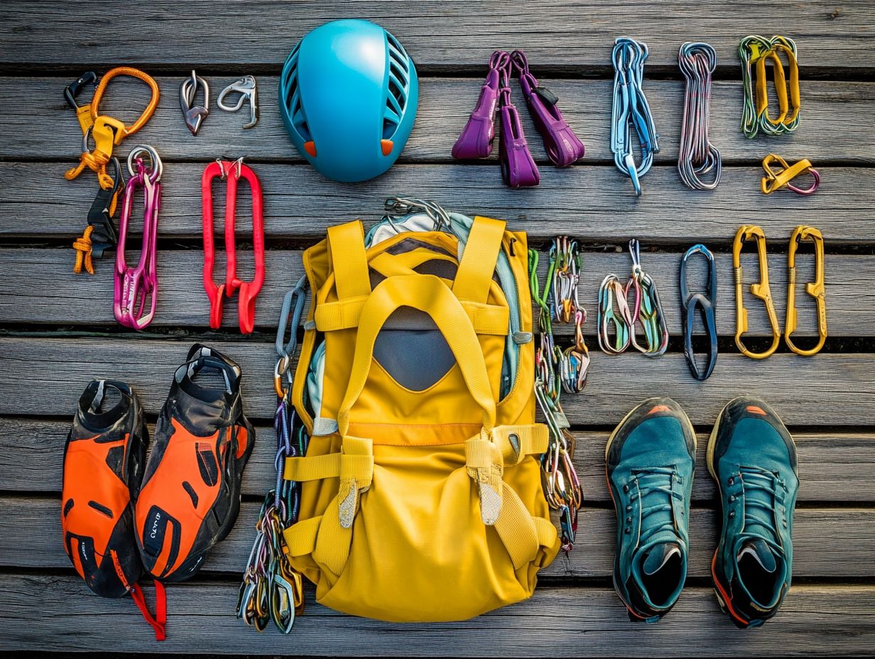 Image illustrating essential gear for rock climbing.