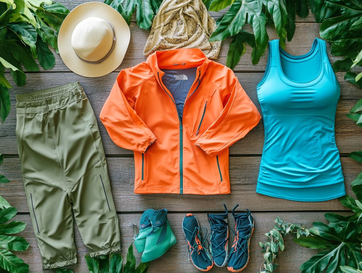 Stylish outdoor clothing pieces for women in a natural setting.