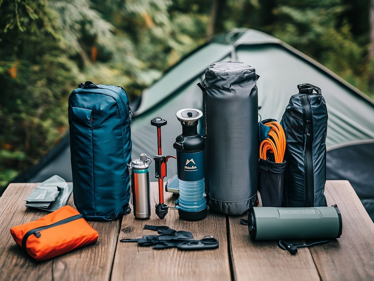 Lightweight accessories for backpacking, showcasing various gear and tools.