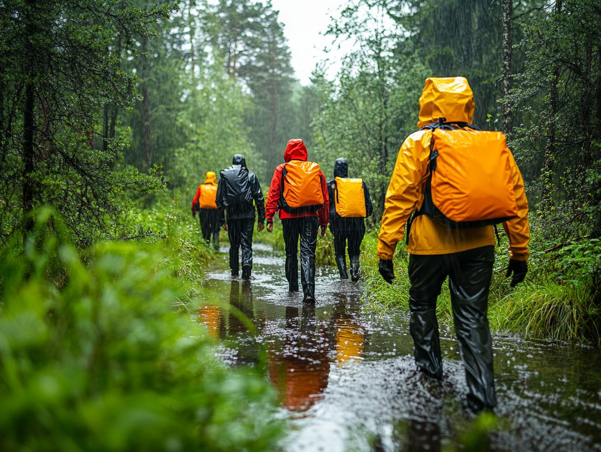 A person wearing a rain poncho during a rainy outdoor adventure.