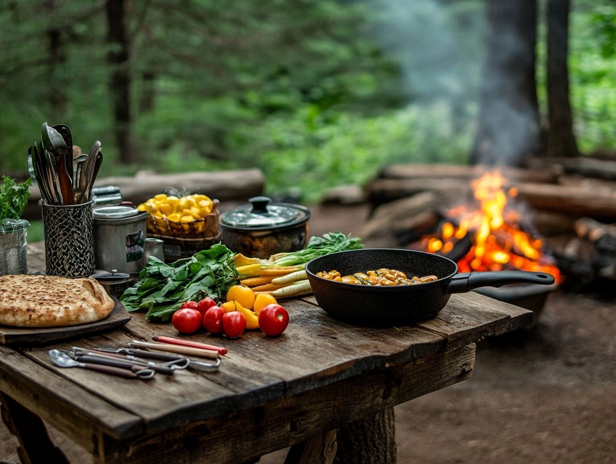 Campfire cooking accessories laid out for safe outdoor cooking.