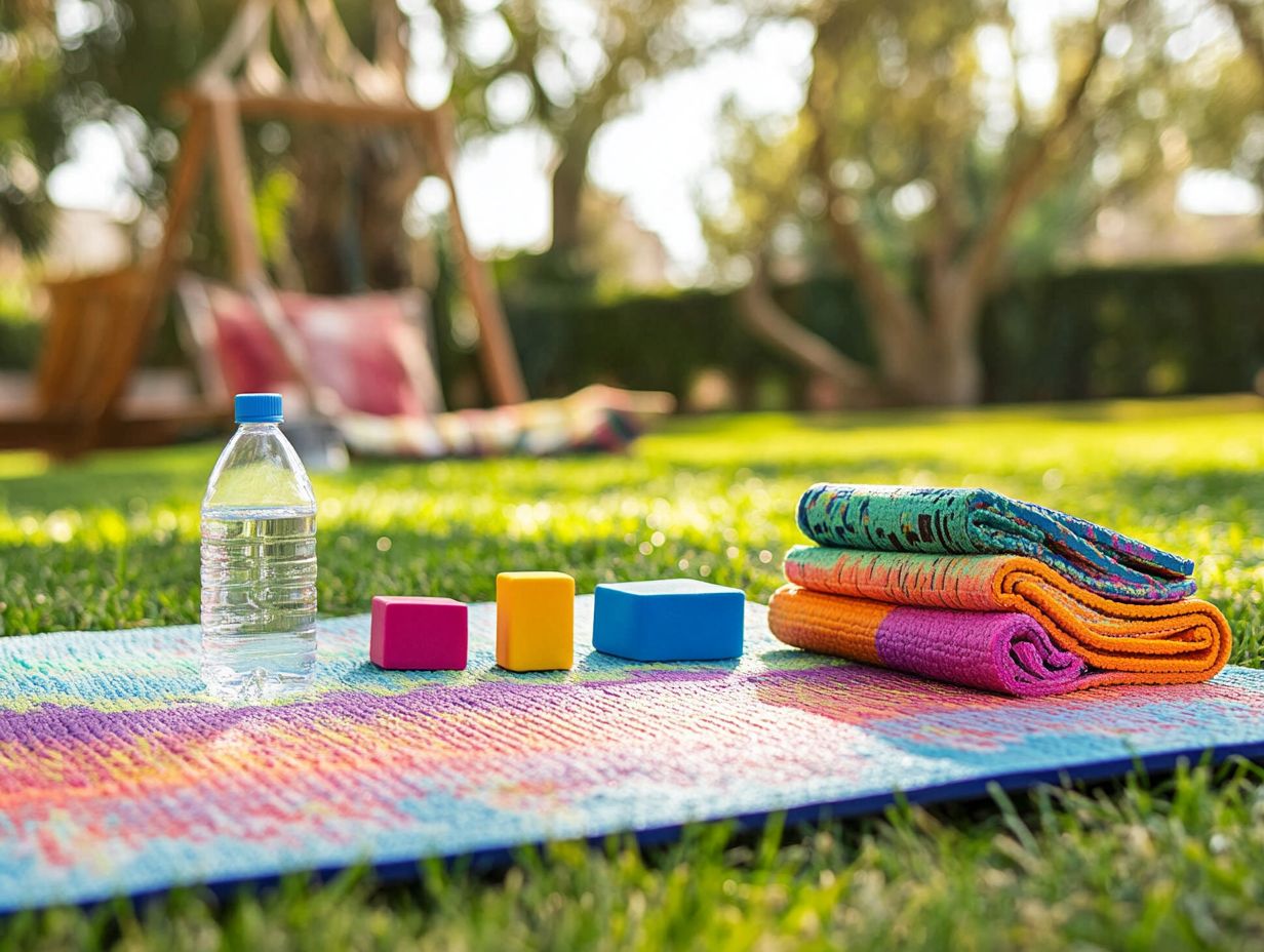 Essential accessories for outdoor yoga including a yoga mat, water bottle, and towel.