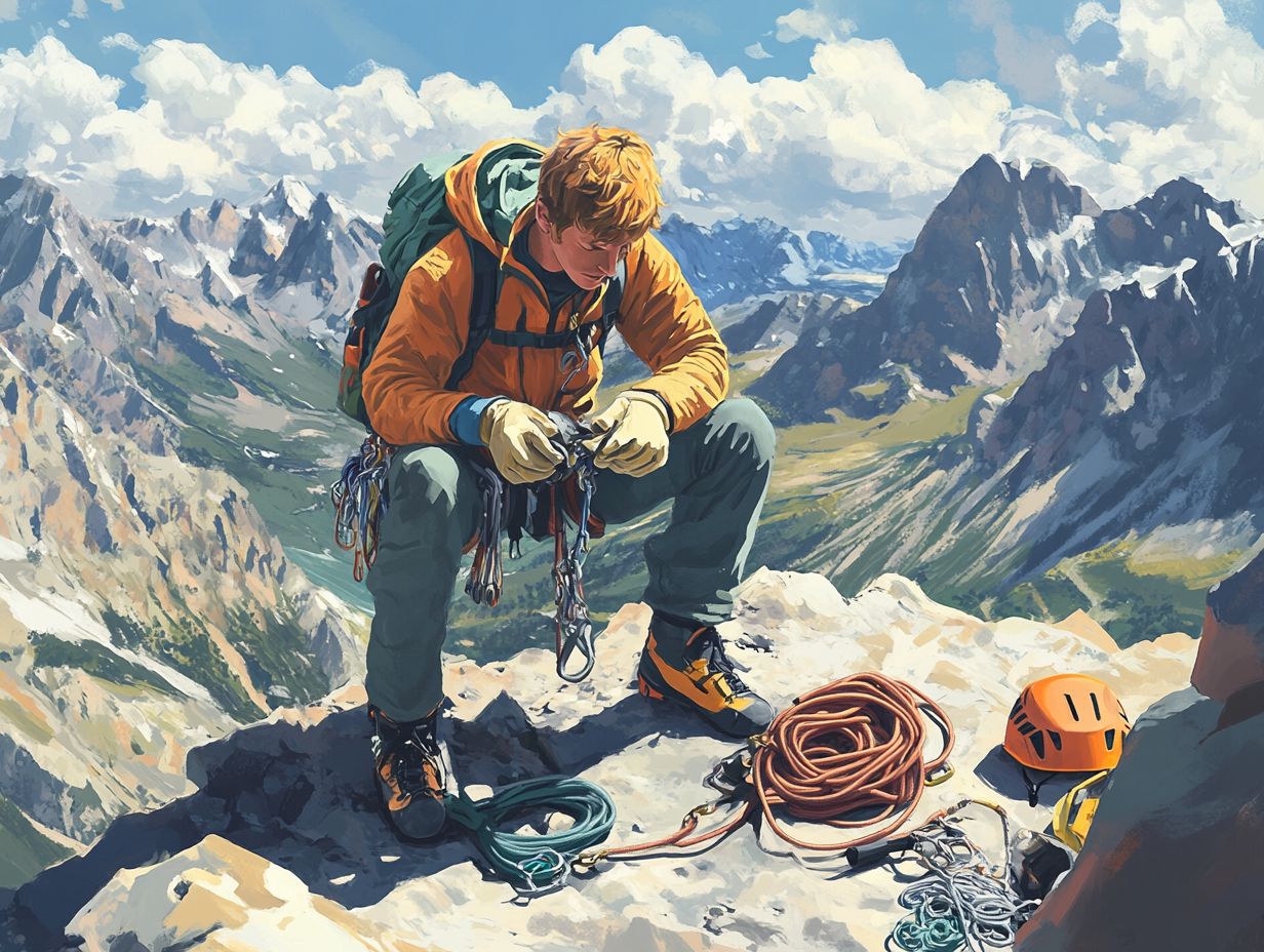 A climber checking gear for maintenance.