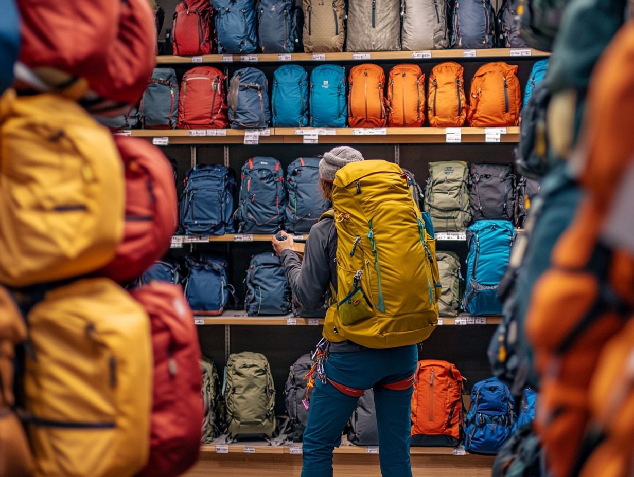 An array of climbing backpacks displayed outdoors