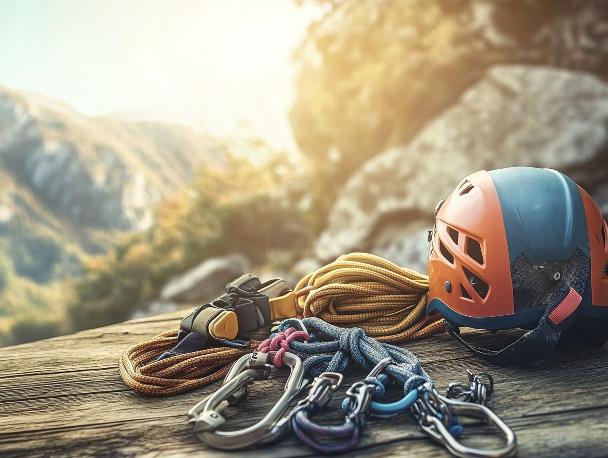 A climber using essential gear for rock climbing