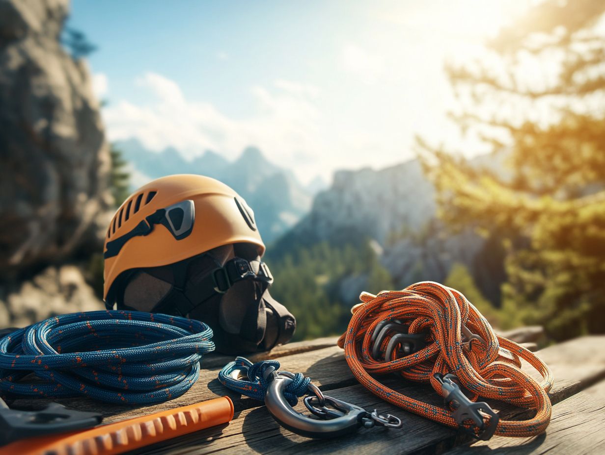 Essential gear for climbers, including helmets and chalk bags.