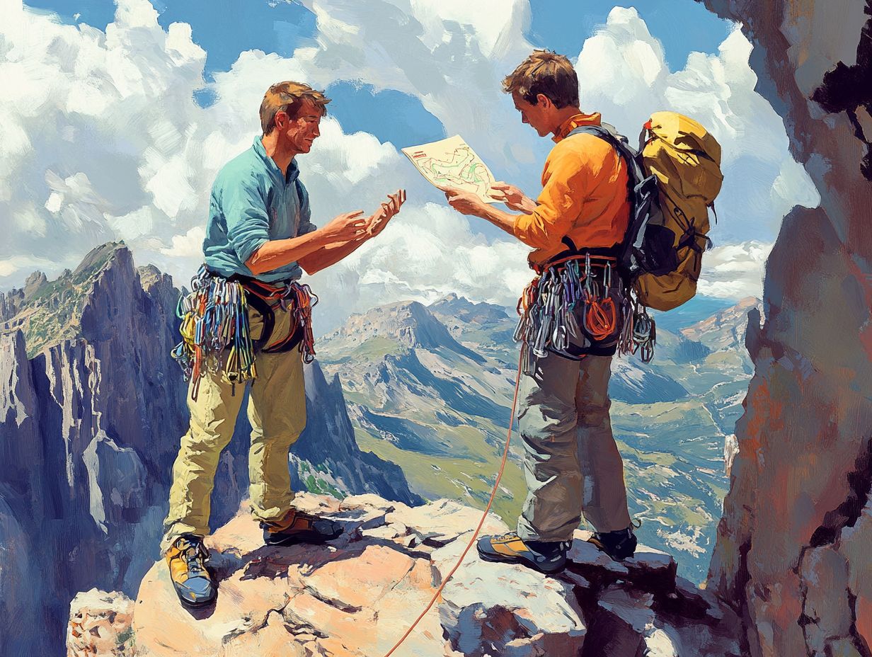 Two climbers discussing safety protocols during a climb