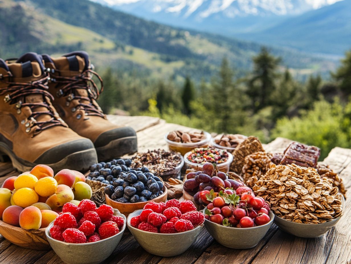 A variety of portable hiking snacks displayed in nature.