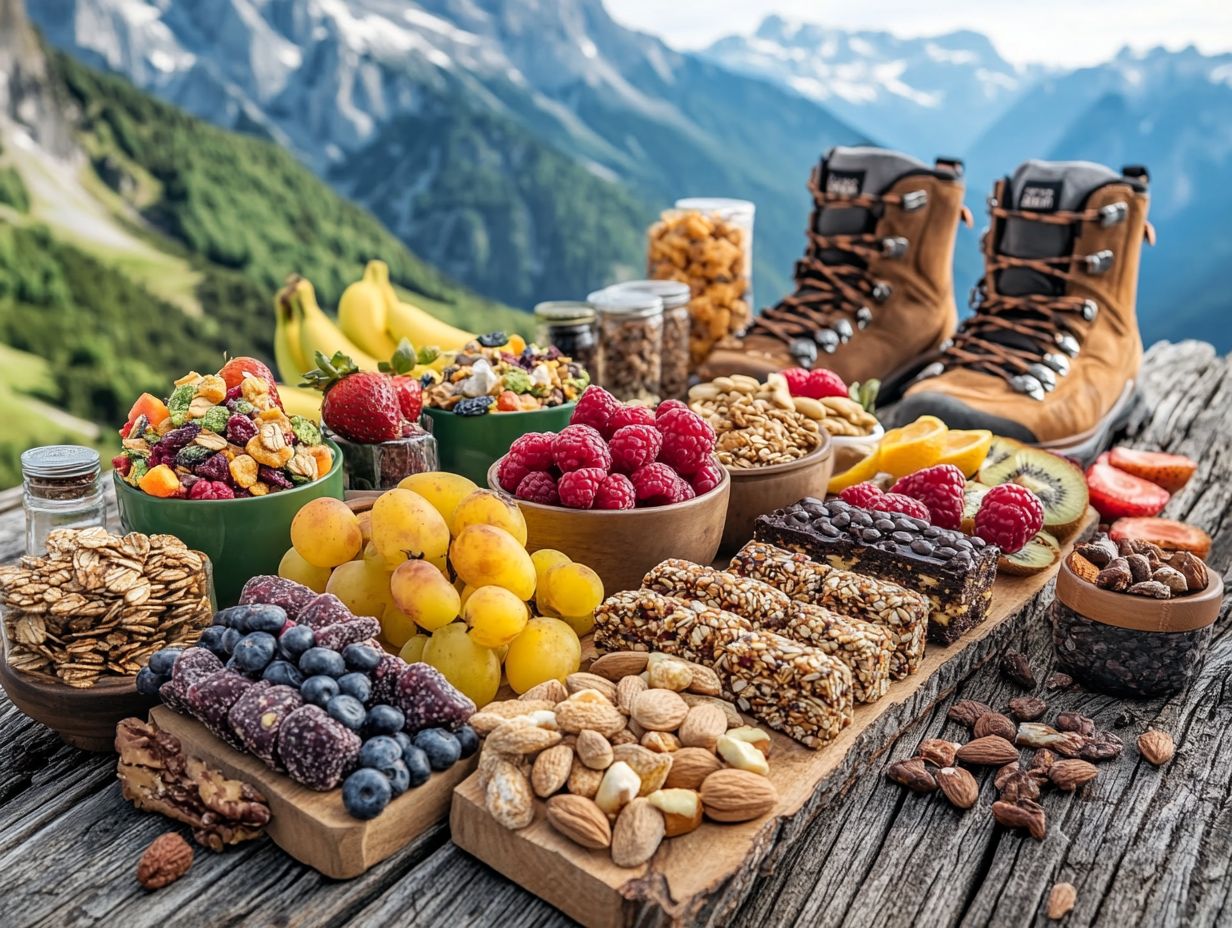 Hiking snacks selection with focus on nutrition, portability, and convenience.