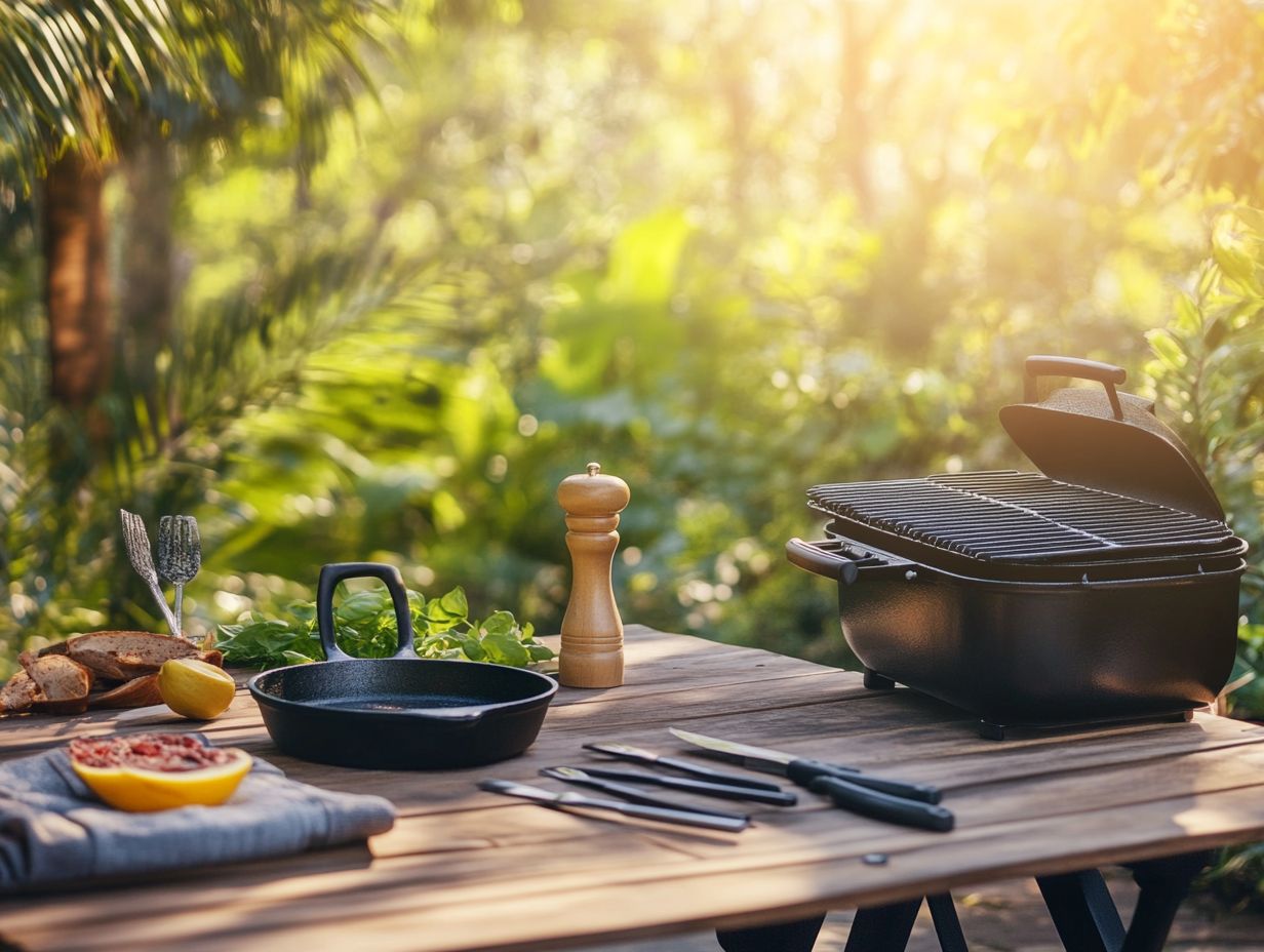 A collage of essential outdoor cooking accessories.