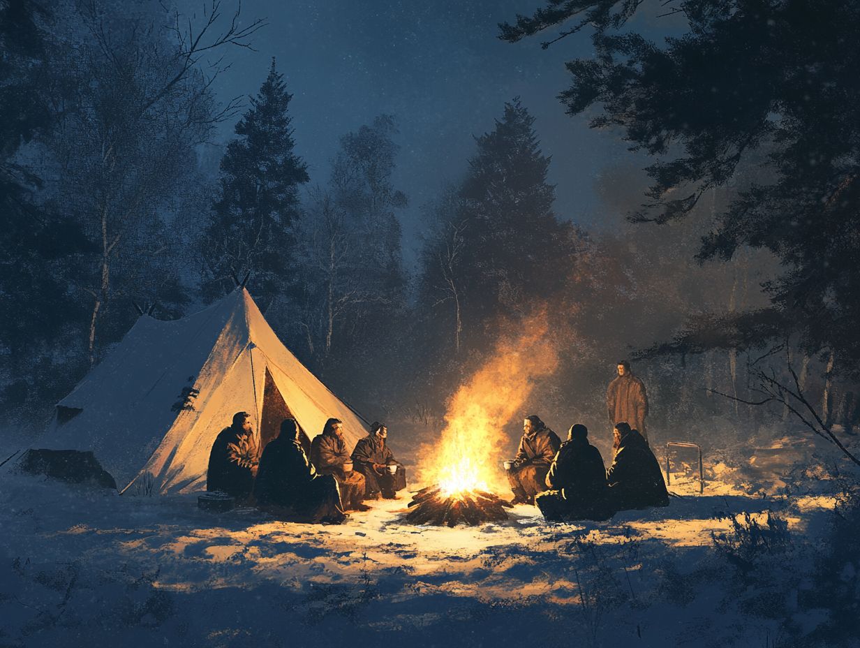 Illustration of proper winter clothing for camping.