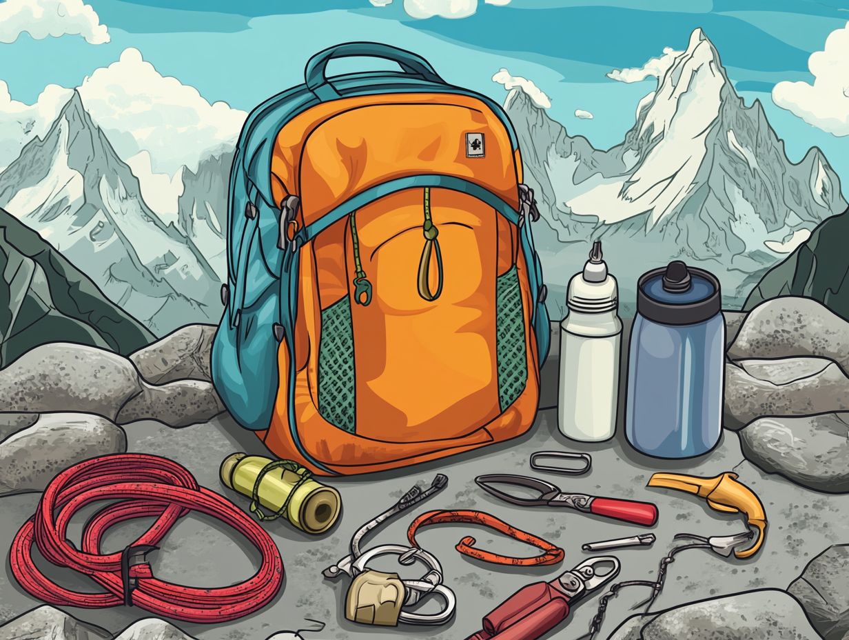 A visual guide to essential survival gear for mountain climbing.