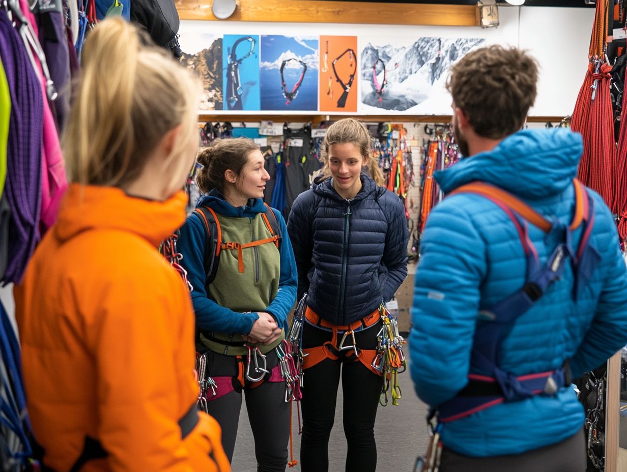 Climbing gear displayed at a rental shop.