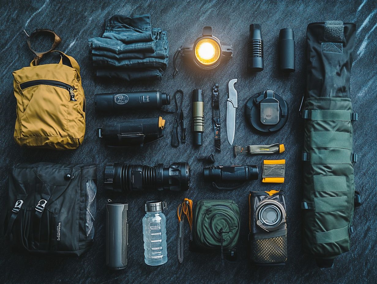 Essential survival gear for nighttime adventures including a headlamp, first aid kit, and multi-tool.