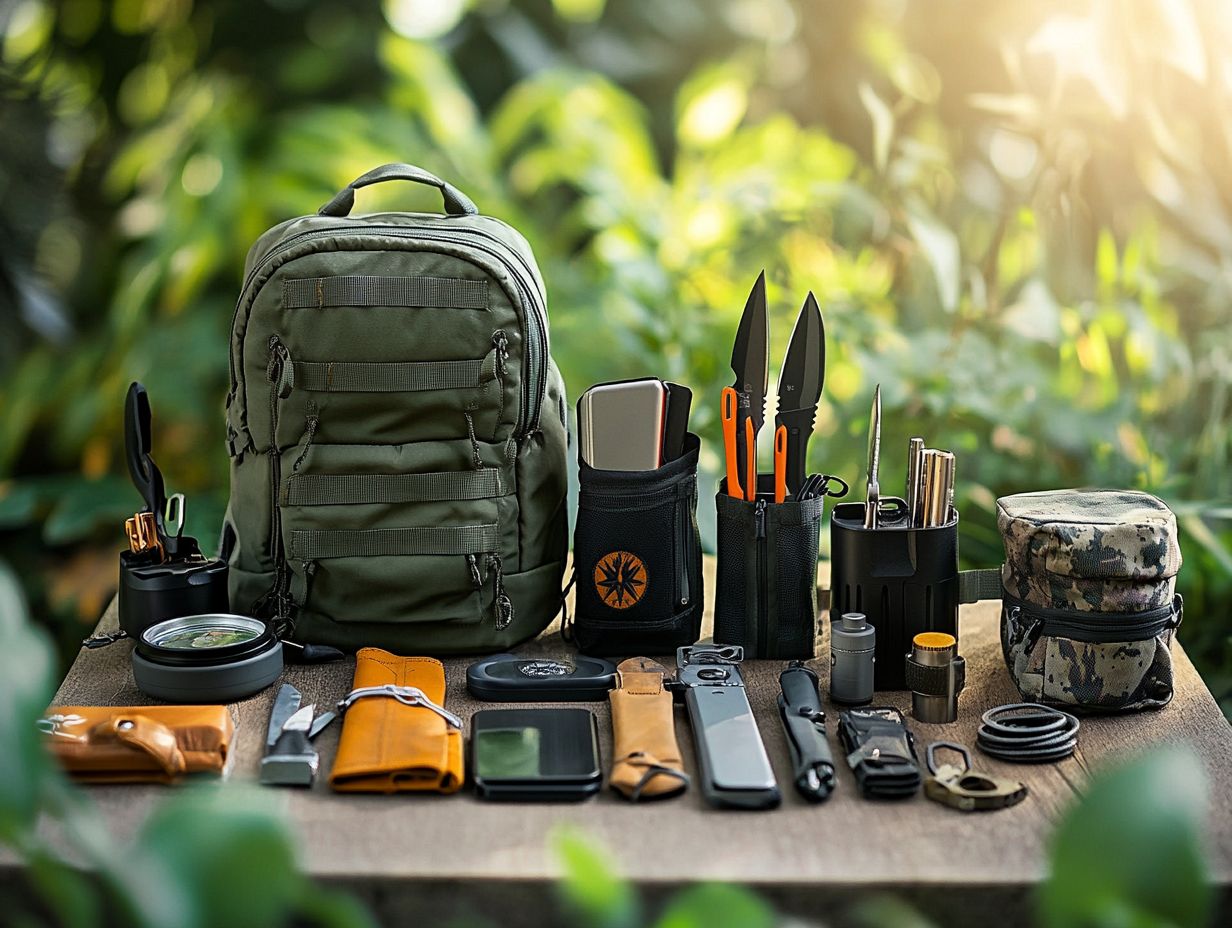 A collection of essential survival gear for outdoor skills training.