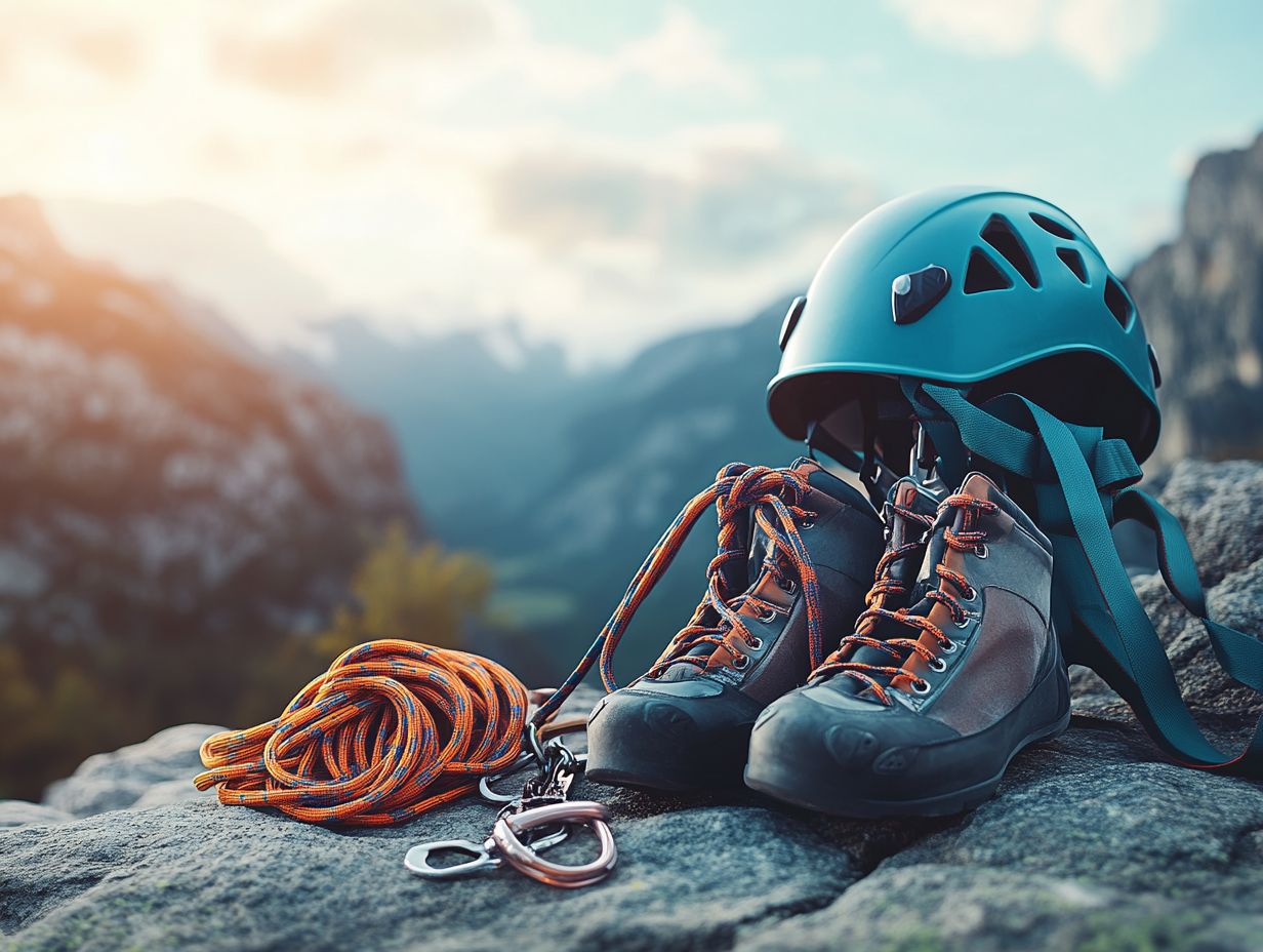 A collection of essential climbing gear for outdoor enthusiasts