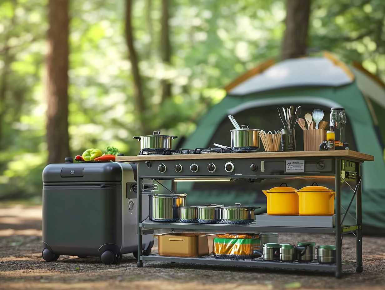 Essential items for a camping kitchen including pots, pans, utensils, and a cooler.