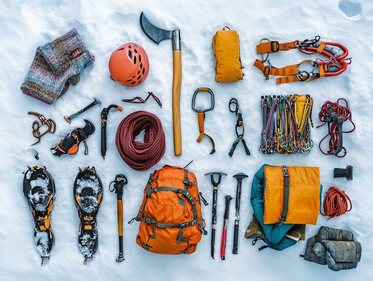 Gear needed for snow climbing.