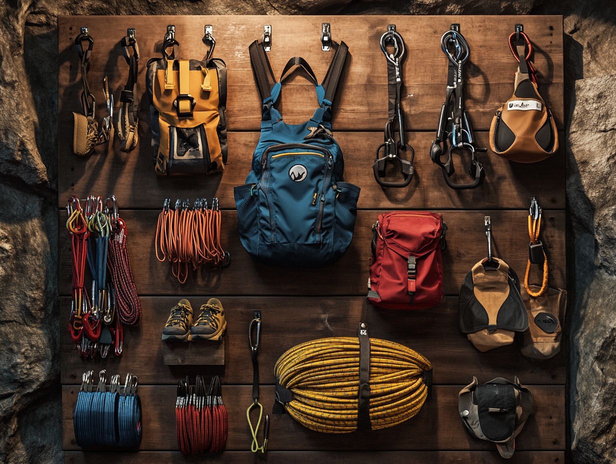 A variety of climbing protection devices including quickdraws and carabiners.