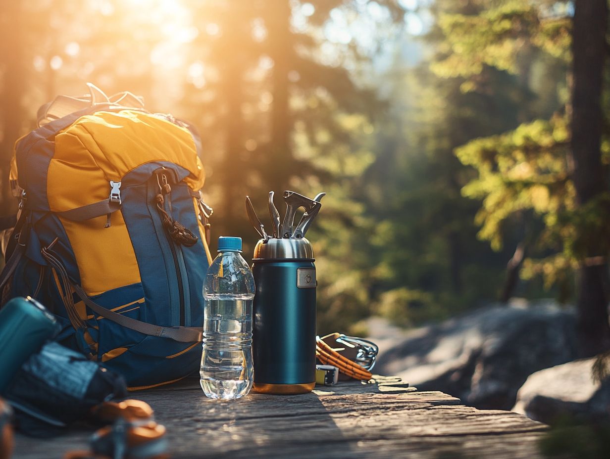 An image showcasing essential outdoor adventure accessories such as backpacks and tumblers.