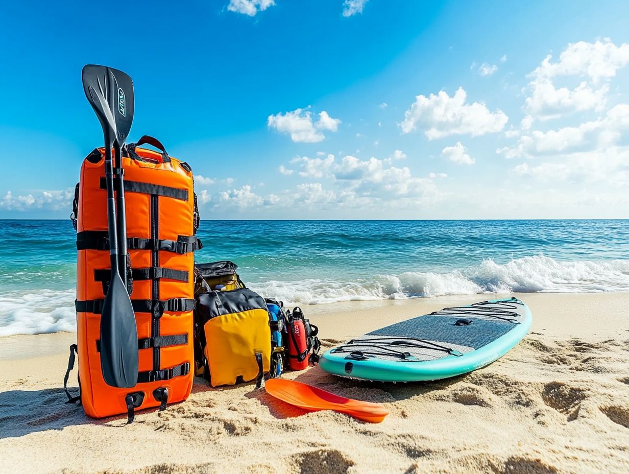 A display of essential water sports accessories, including a life jacket, water shoes, and a waterproof phone case.