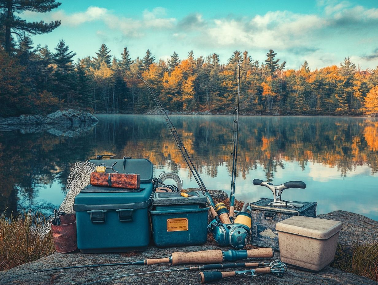 A variety of fishing tools and accessories, including a fish finder and tackle boxes.