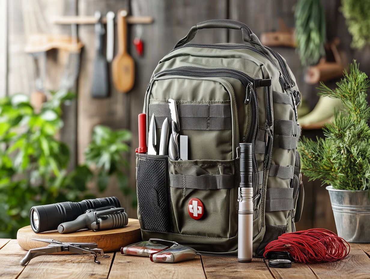 Visual guide to essential items in a survival gear kit.