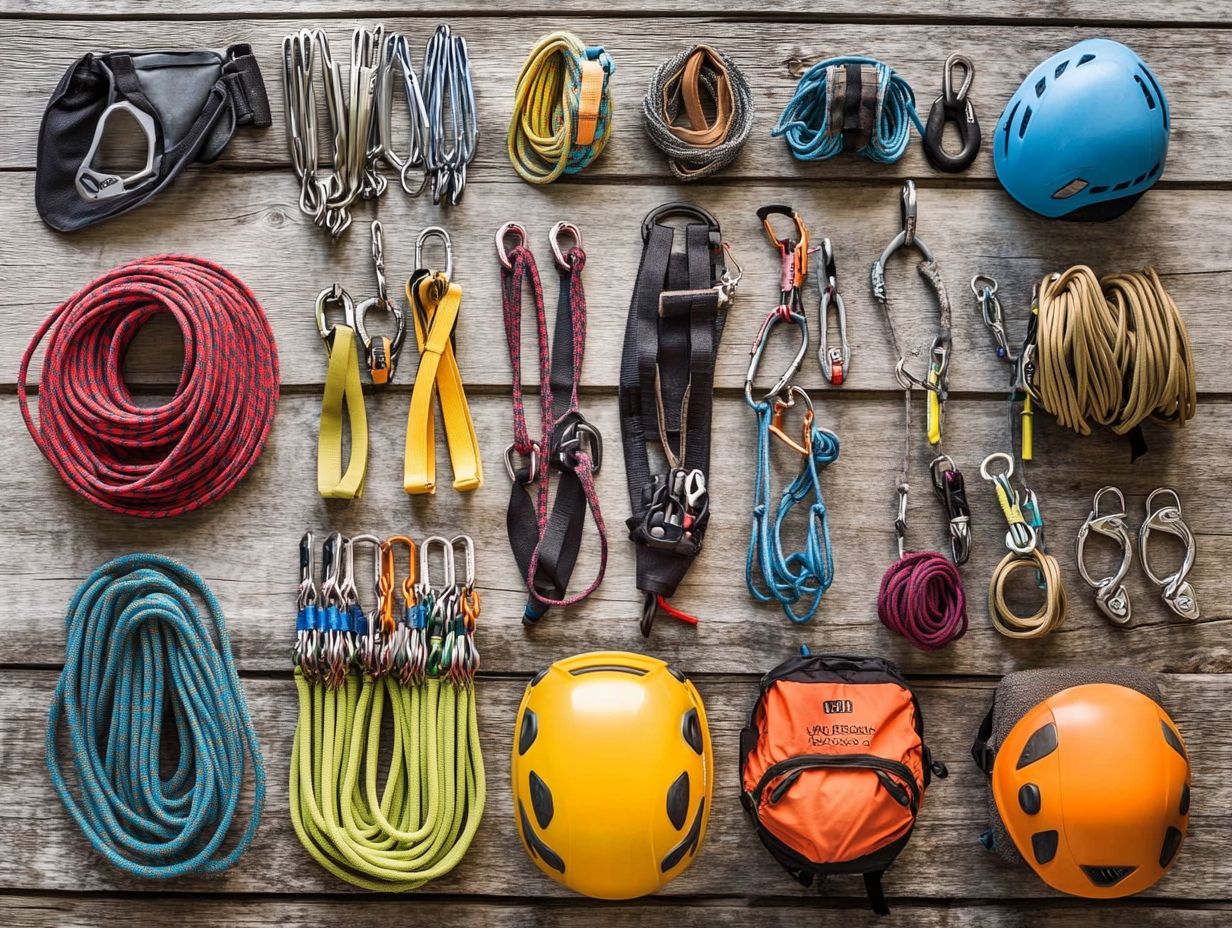 This image shows essential climbing gear, highlighting various brands and price points.