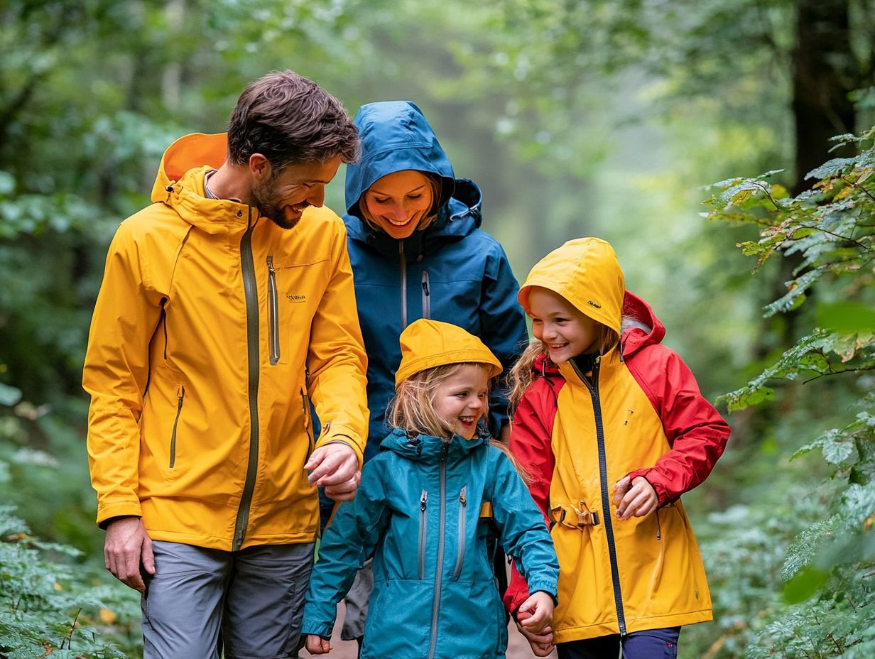 A collection of essential outdoor clothing items for family camping.